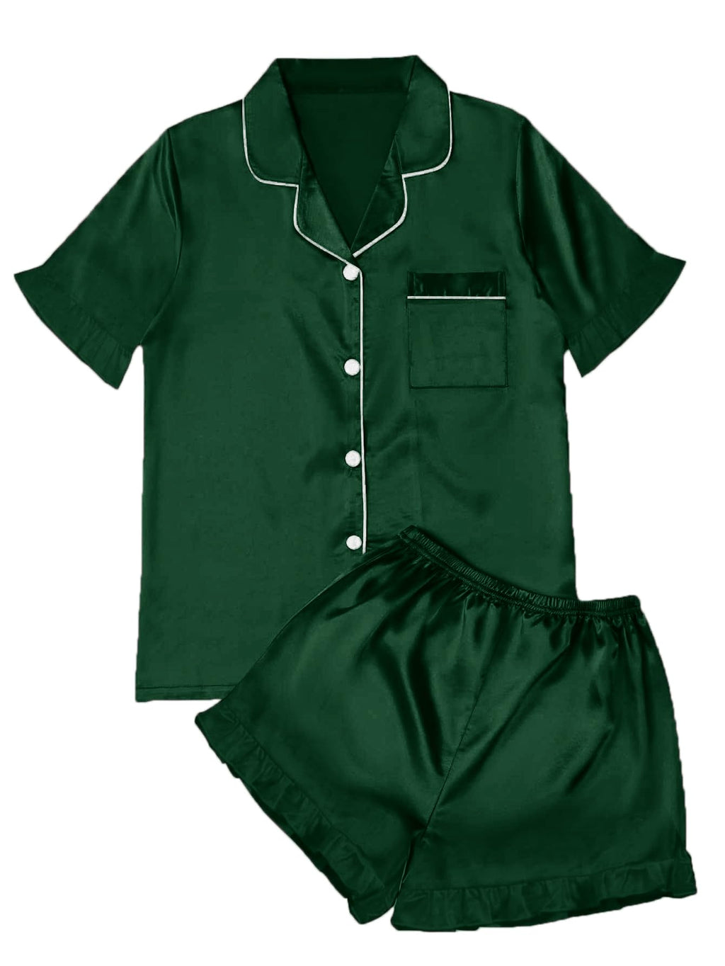 Set pijama satinată Vasha Green Ruffle